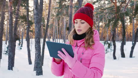 Junge-Frau-Benutzt-Ein-Tablet-Mit-Der-GPS-Navigation-Im-Verschneiten-Wald