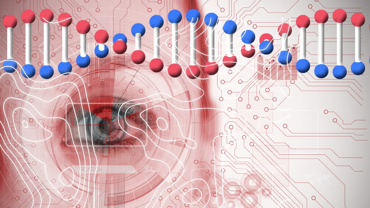 백인 여성의 눈 위에 있는 dna 가닥과 움직이는 모양의 애니메이션
