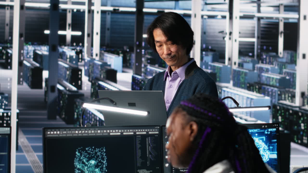 Software Developers Cooperating In Data Center, Reviewing Ai Diagnostics