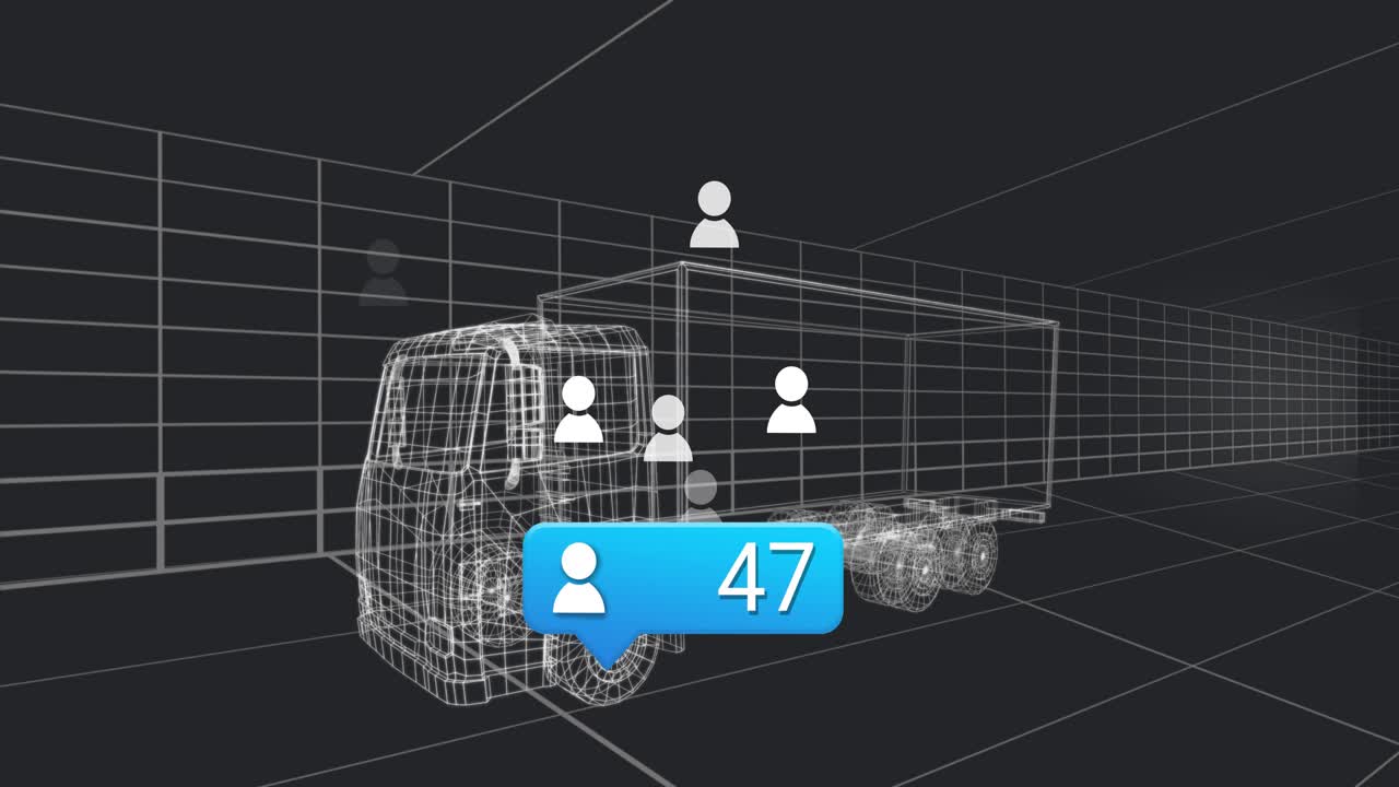 Hovering user icon starting count updating with avatars filling wireframe truck showing engagement