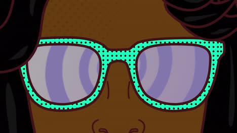 Animation-Einer-Nahaufnahme-Einer-Frau-Mit-Sonnenbrille-Vor-Konzentrischen-Kreisen-Auf-Violettem-Hintergrund