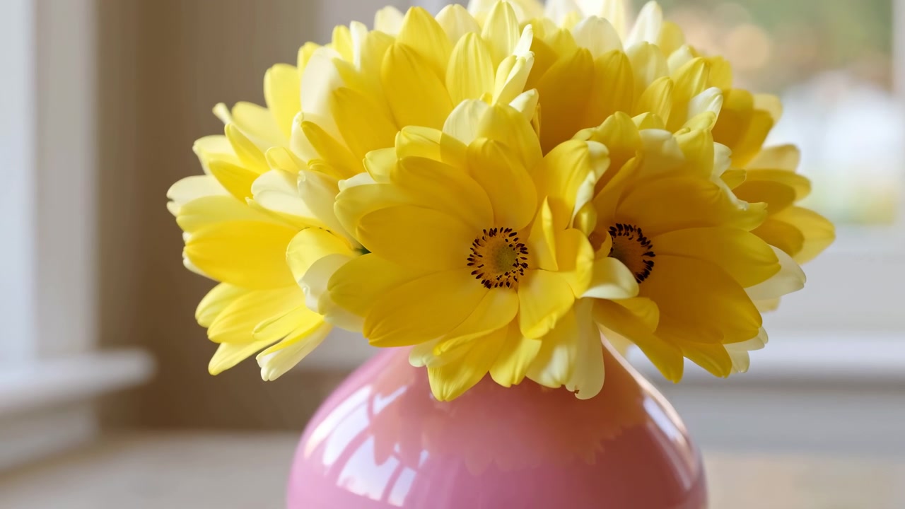 Fiori gialli in vaso rosa su finestra illuminata dal sole, natura morta accogliente su tavolo con vivaci fioriture di margherite, bokeh morbido