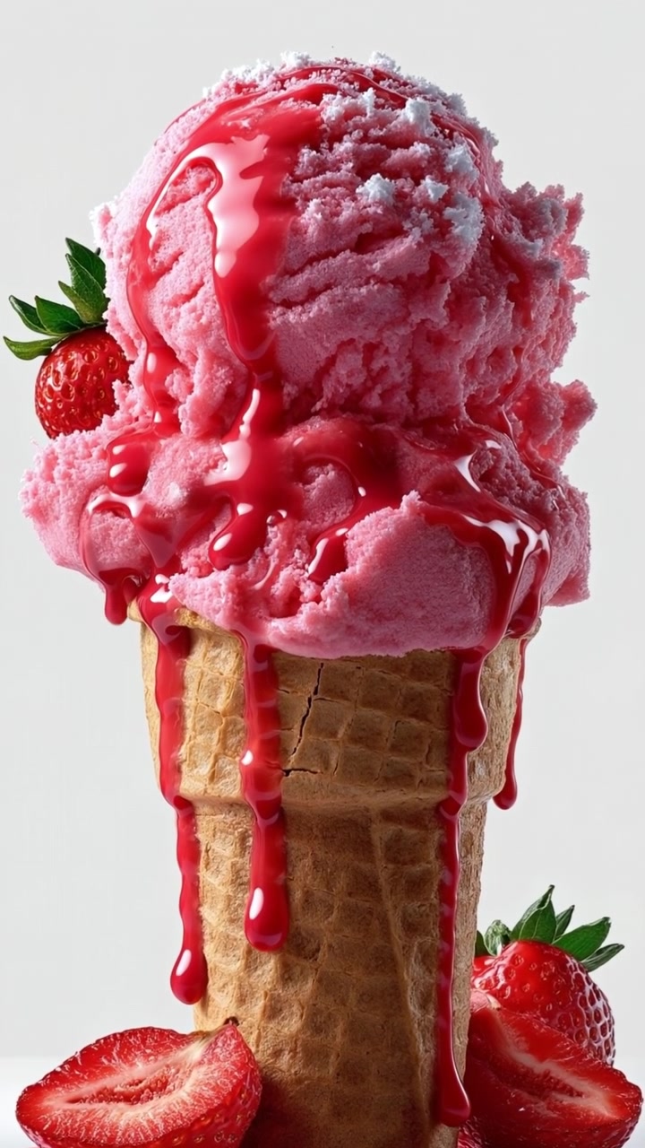 Bolas de helado de fresa rosa en un cono de barquillo con sirope rojo goteando y bayas frescas