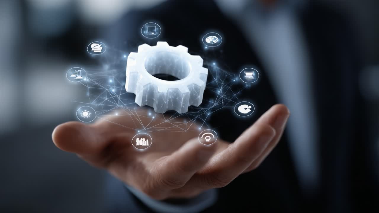 A person holds a glowing gear icon above their palm, surrounded by various digital symbols representing technology, innovation, and connectivity in a modern environment