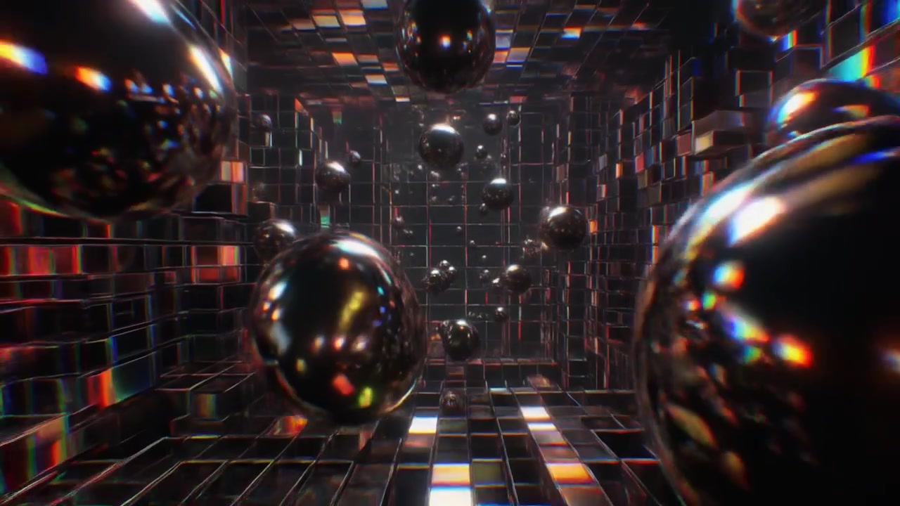 Abstract 3D Animation of Floating Metallic Spheres in a Reflective Grid Tunnel