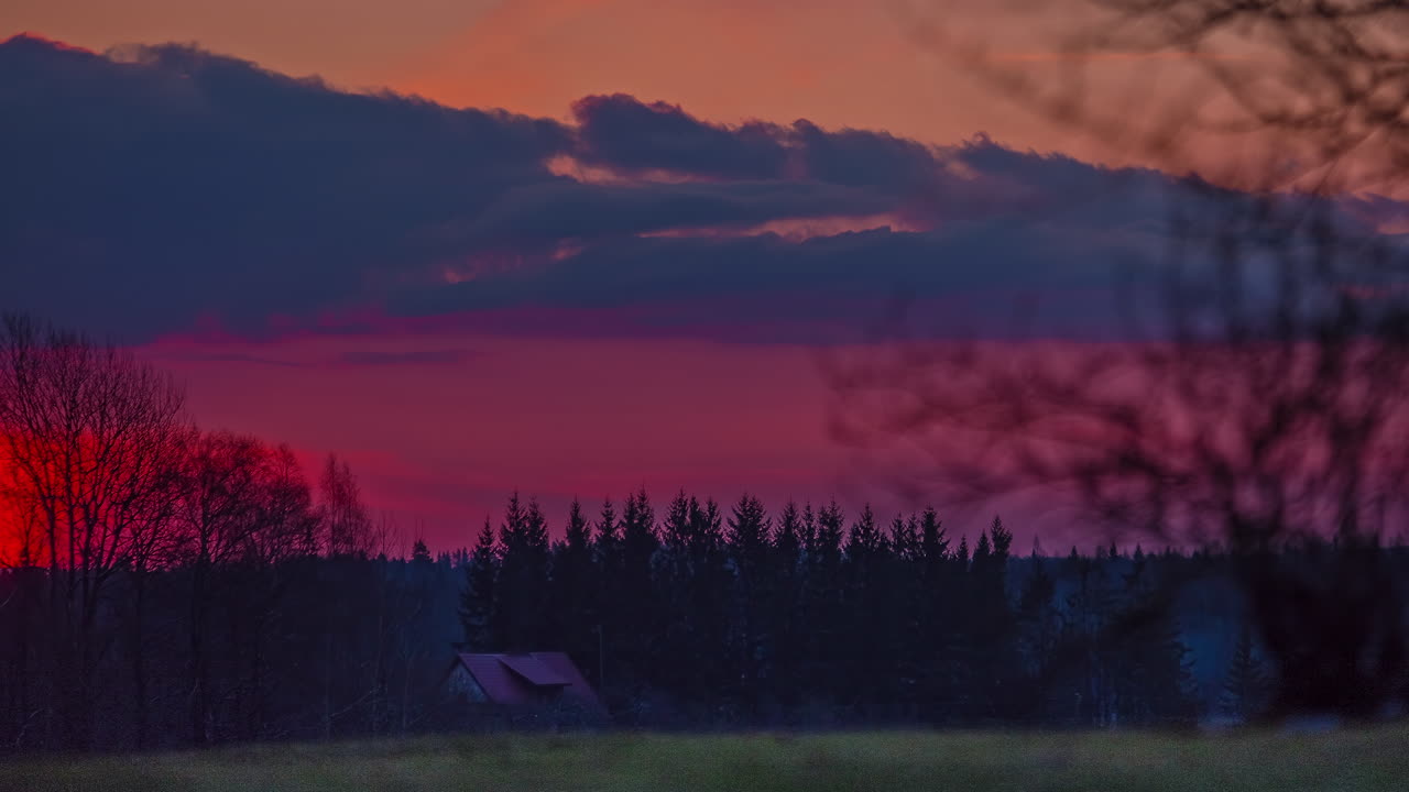 lapso de tiempo del sol naranja levantándose en el cielo detrás de los árboles del bosque en el campo al amanecer