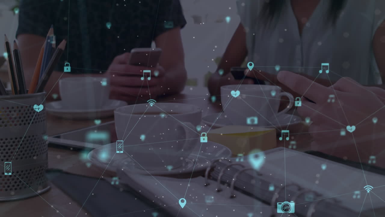 스마트 폰을 사용하는 그룹에 대한 디지털 아이콘 네트워크