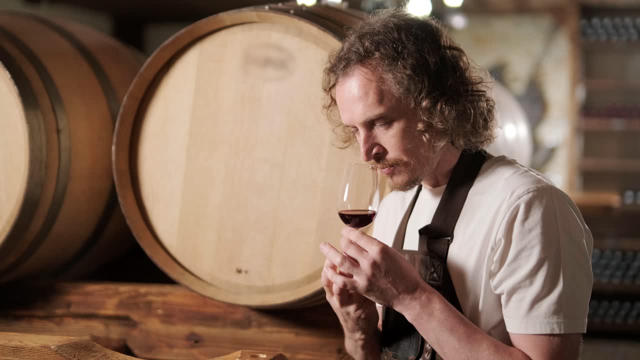 Authentic shot of successful male sommelier is tasting a flavor and checking white wine quality poured in transparent glass in a wine cellar.