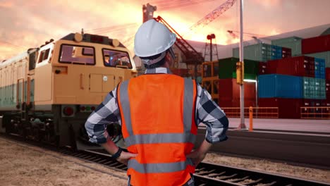 back view of a male engineer wearing safety helmet looking around while standing with arms akimbo with freight cargo train at port