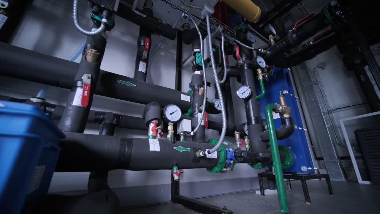 moderna sala de calderas de gas industriales equipadas para el proceso de calefacción. calderas, tuberías y válvulas de gas de calentamiento.