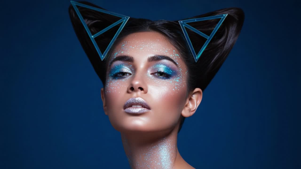 A Stunning Portrait of a Fashion Model with Futuristic Cat Ears and Sparkling Makeup, Showcasing a Unique Artistic Vision Against a Deep Blue Background
