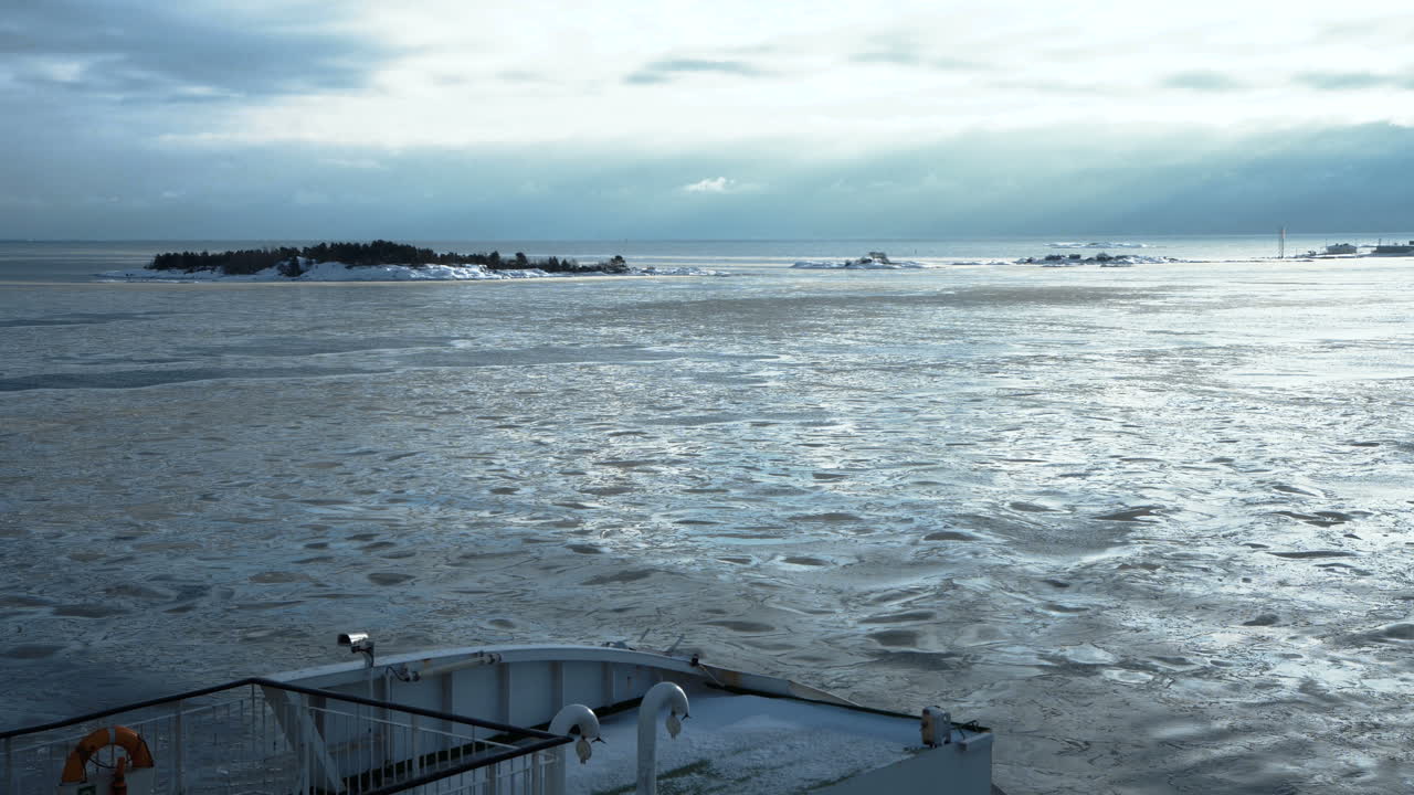 Frozen Sea Landscape with Islands and Ferry