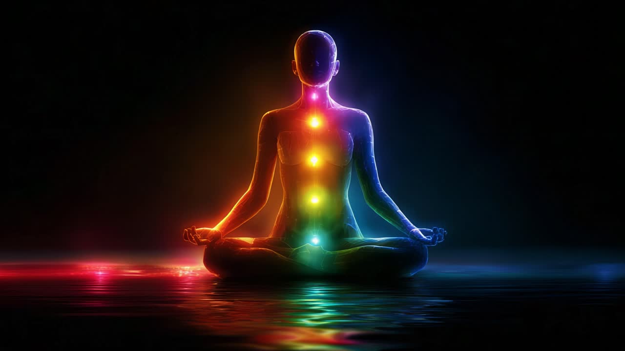 A peaceful figure meditating in a tranquil environment, illuminated by vibrant colors emanating from the chakras along the spine, symbolizing energy, harmony, and spiritual balance
