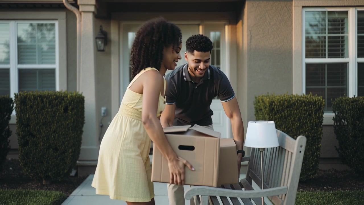 Stepping out front door, couple carrying boxes placing lamp on porch bench moving in, yellow dress