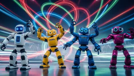 a vibrant display of colorful robots captivating the audience with their dynamic dance moves against a captivating light background