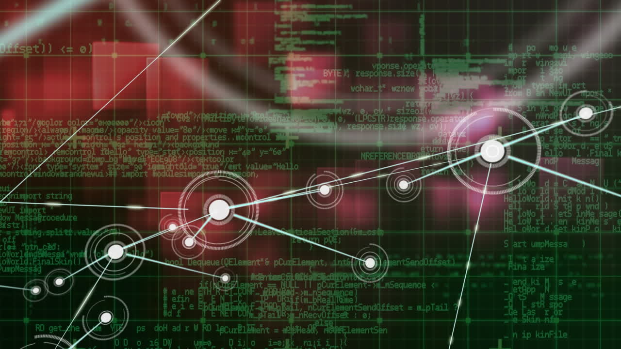 animación de puntos conectados sobre el patrón de cuadrícula contra el lenguaje informático de bucle y los cuadrados