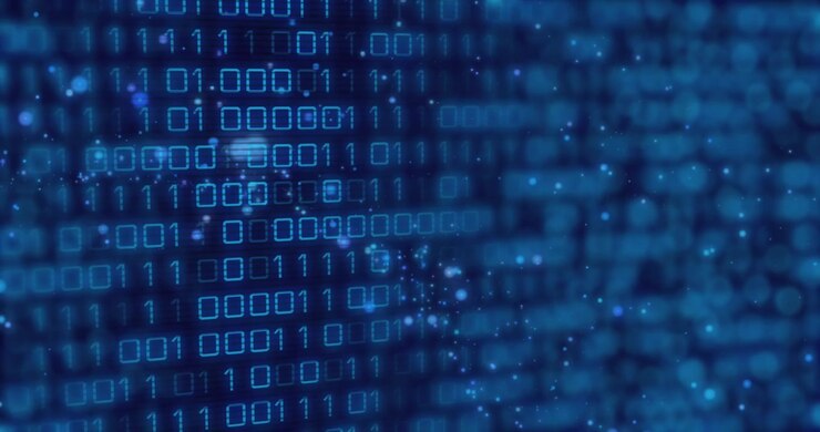 Animation of data processing and binary coding on black background