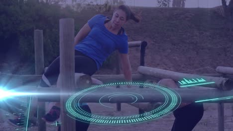 animation of data processing over diverse women at obstacle course