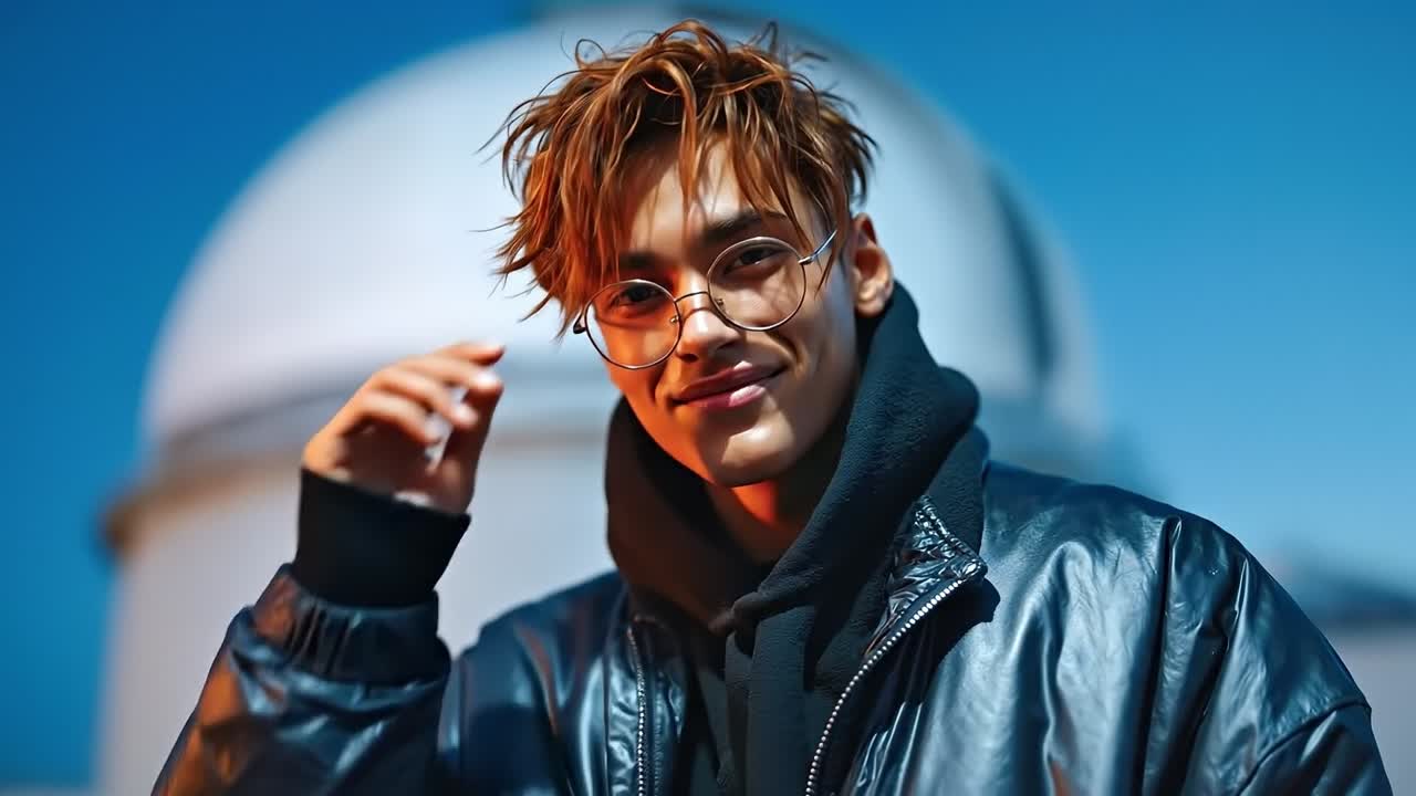 A young man wearing a black jacket and glasses