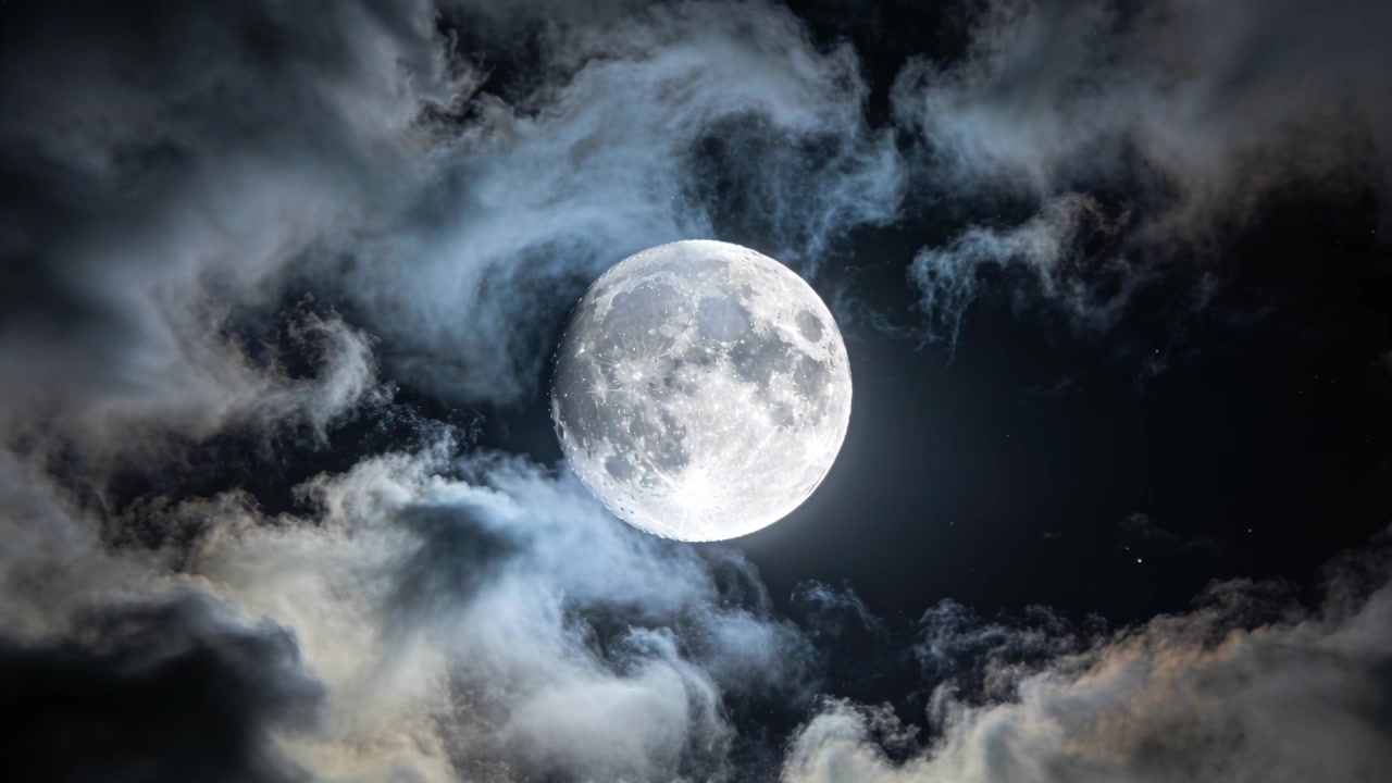 Shifting clouds revealing full moon in open night sky, wind moving layers showing craters and halo