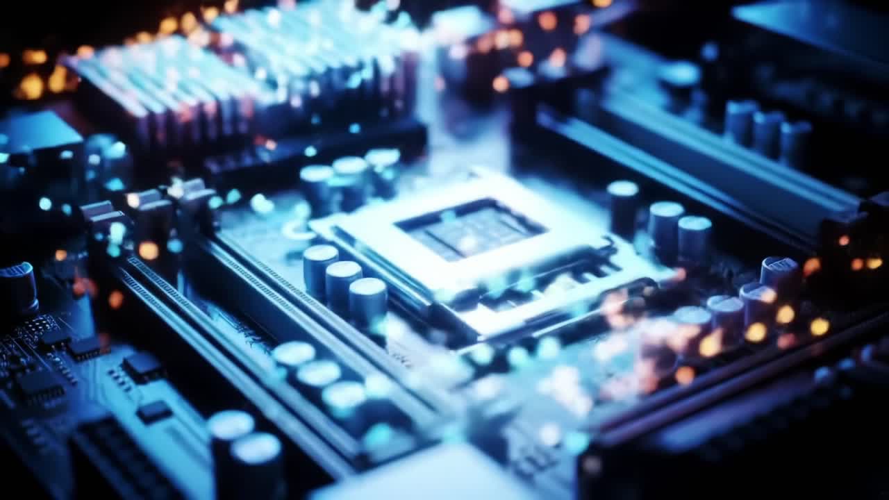 Exploring the Intricate Design and Vibrant Lighting of a Modern Microprocessor Circuit Board in Deep Focus, Capturing the Essence of Technology and Innovation