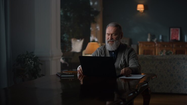 Senior hat Online-Konferenz auf Laptop-Computer.
