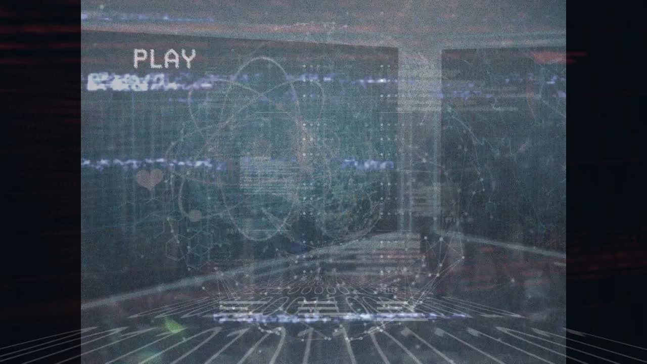 Animation of icons and data processing over server room