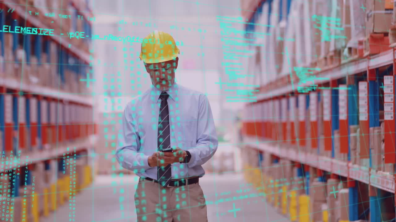 Animation of data processing over man working in warehouse