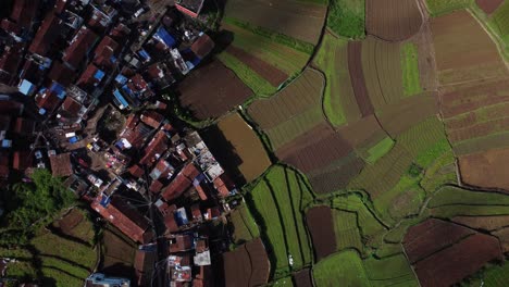 Overhead-drone-shot-of-Poombarai-village-on-Palani-hills-among-terrace-farming-fields,-Tamil-Nadu,-India