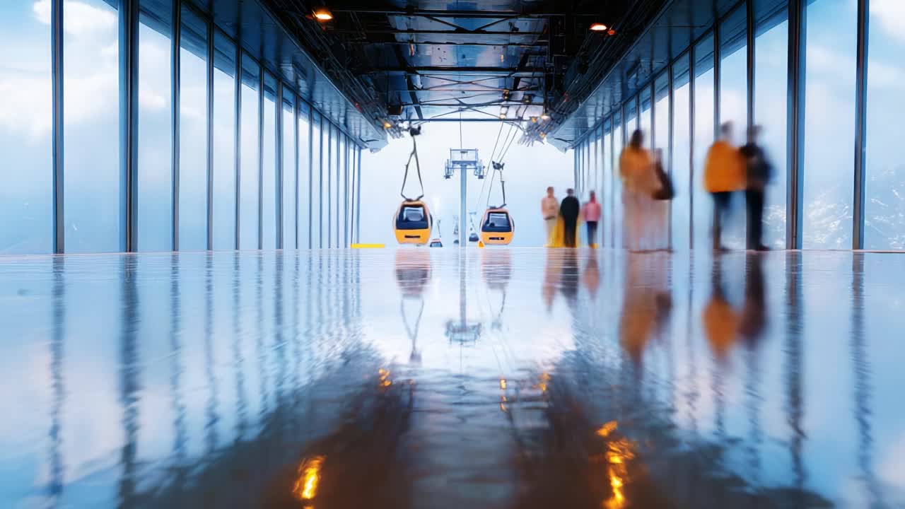 A Captivating Perspective of a Mountain Cable Car Station, Showcasing Reflections on a Wet Floor, with Passengers in Motion Under a Scenic, Misty Atmosphere