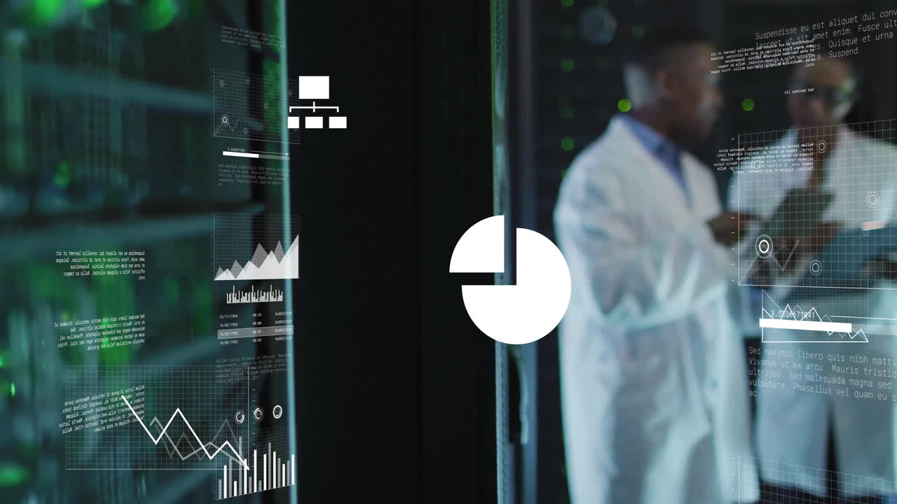 Animation of financial data processing over african american scientists in server room