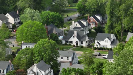 green housing area of american town with green trees in springtime. aerial view. driving car on street. quiet district of american town. film scene. aerial establishing shot.