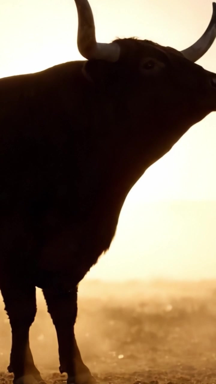 Un maestoso toro nero in silhouette contro un tramonto dorato, che cattura la forza e la grazia della natura in un sereno paesaggio pastorale.