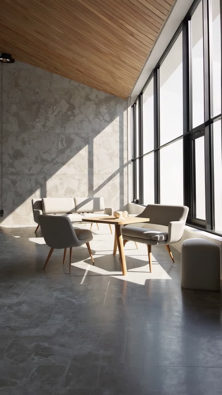Area d'attesa moderna e minimalista con grandi finestre