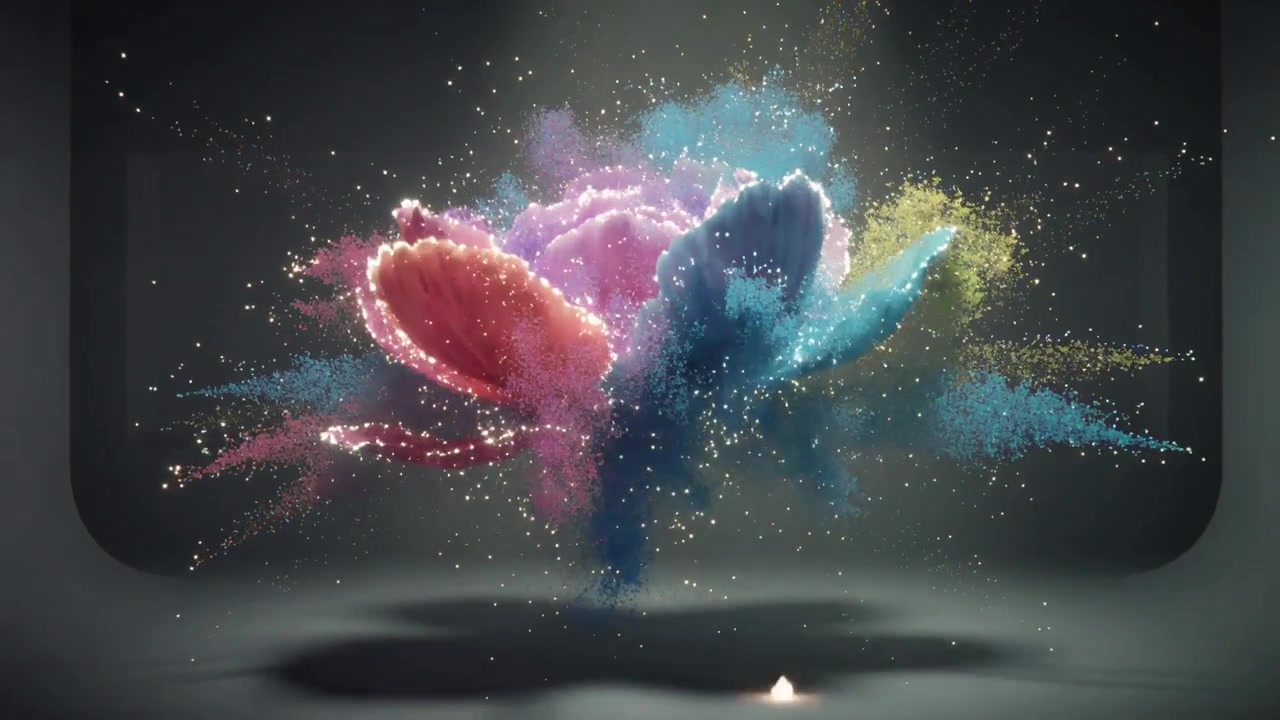 Expanding particle flower emitting color sparks on curved backdrop sparklet falling spawning plumes