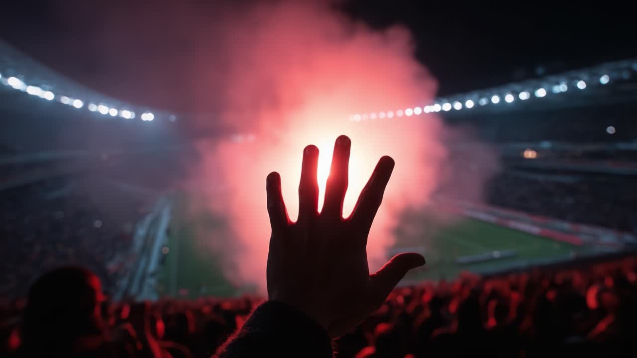 Una vibrante dimostrazione di passione: una mano si protende verso i bagliori luminosi e il fumo a un emozionante evento sportivo in un'atmosfera da stadio gremito.