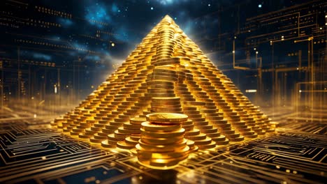pirámide de monedas de oro en una placa de circuitos