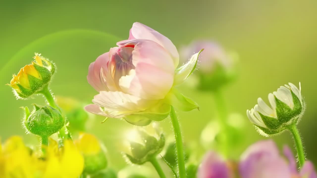 Close-up video of vibrant flowers in bloom, captured from a low angle with soft focus