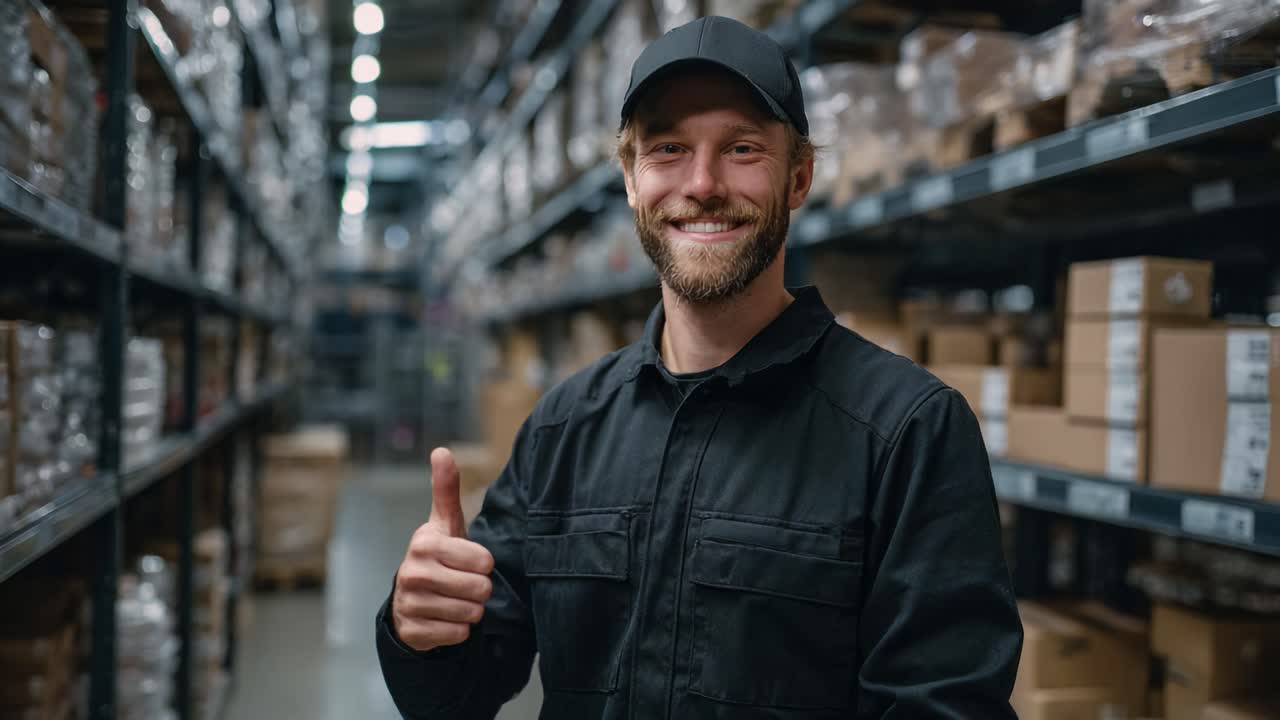 Dipendente di magazzino allegro che fa il pollice in su in un centro di stoccaggio trafficato, sottolineando l'atteggiamento positivo e lo spirito di team nella logistica e nella gestione dell'inventario