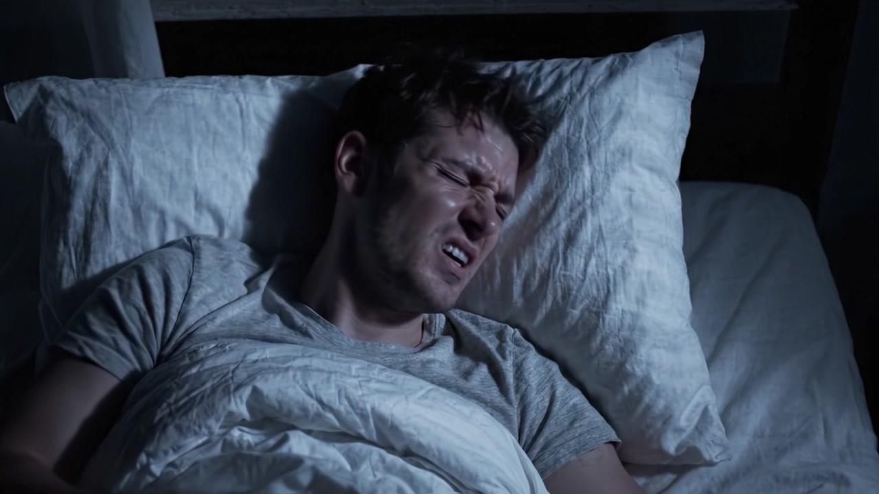 A man struggles with insomnia and restless thoughts in a darkened room, lying awake in bed, battling with his feelings and search for peace through the night.