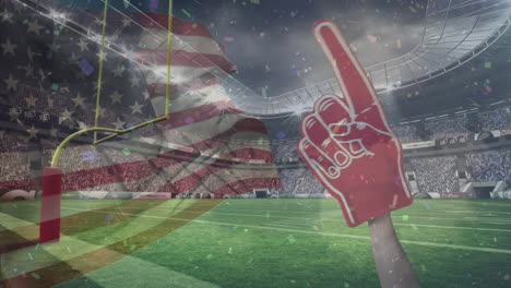 animation of american flag and giant pointing hand, over pitch and crowd at sports stadium