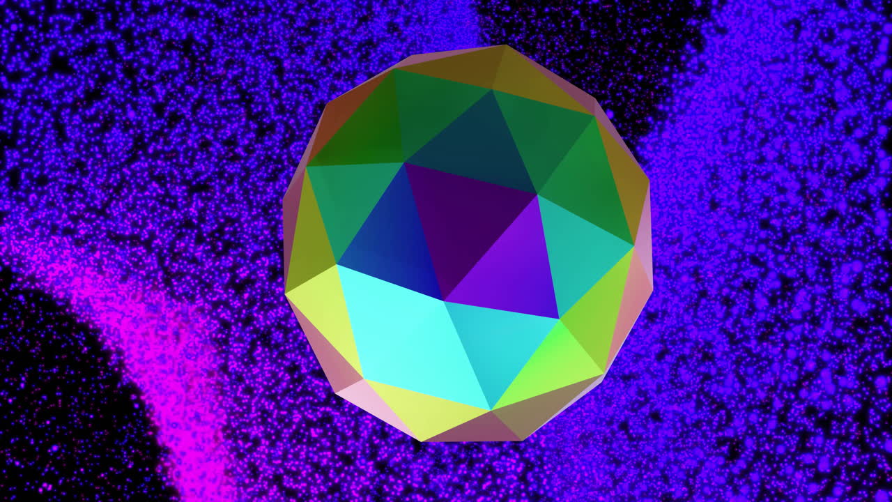 Colorful geometric shape animation over vibrant purple and black textured background