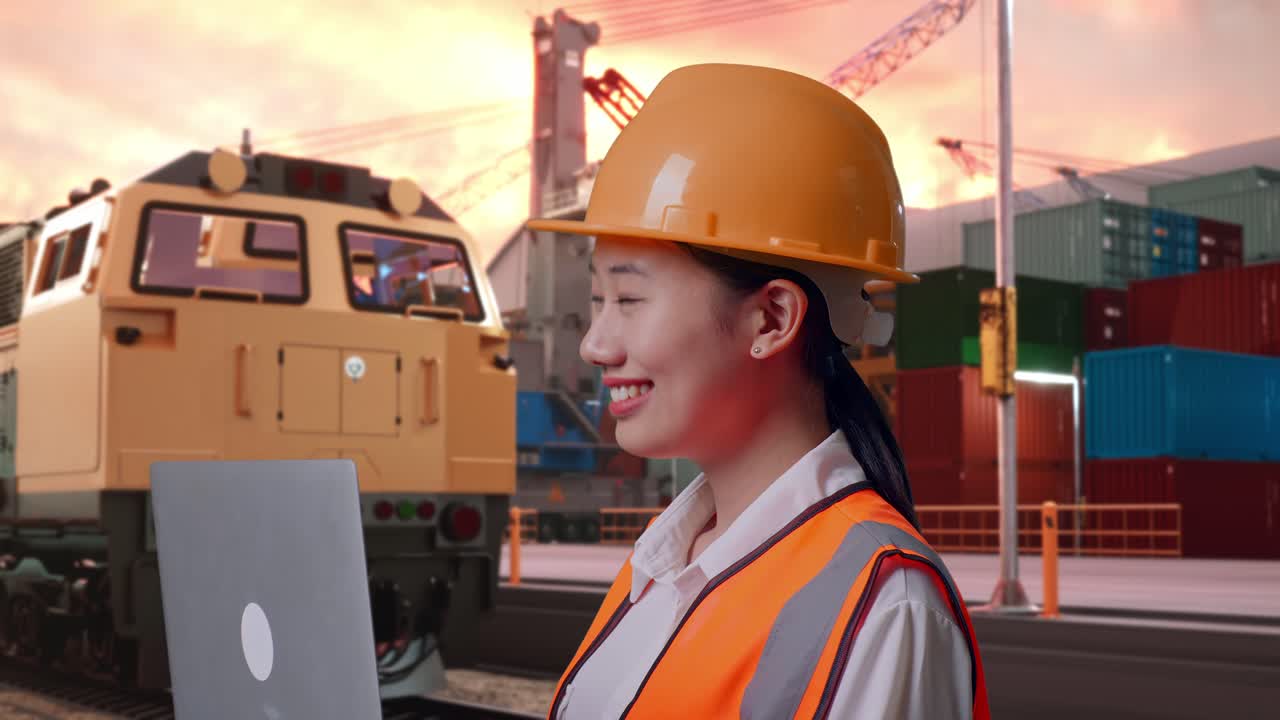 Close Up Side View Of Asian Female Engineer With Safety Helmet Working On A Laptop And Looking Around With Freight Cargo Train At Port