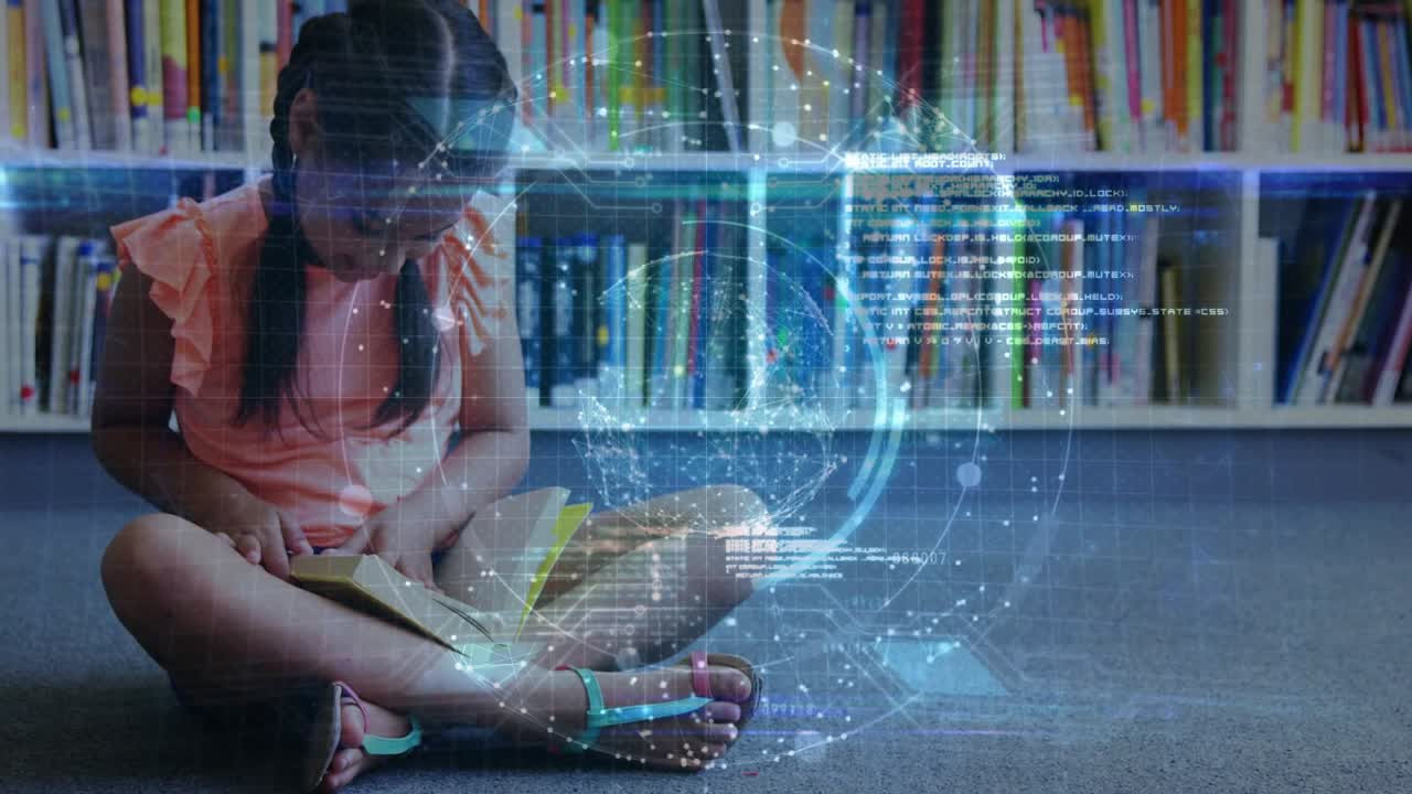 Girl reading in library, turning pages and activating 3D HUD globe over book visualizing learning