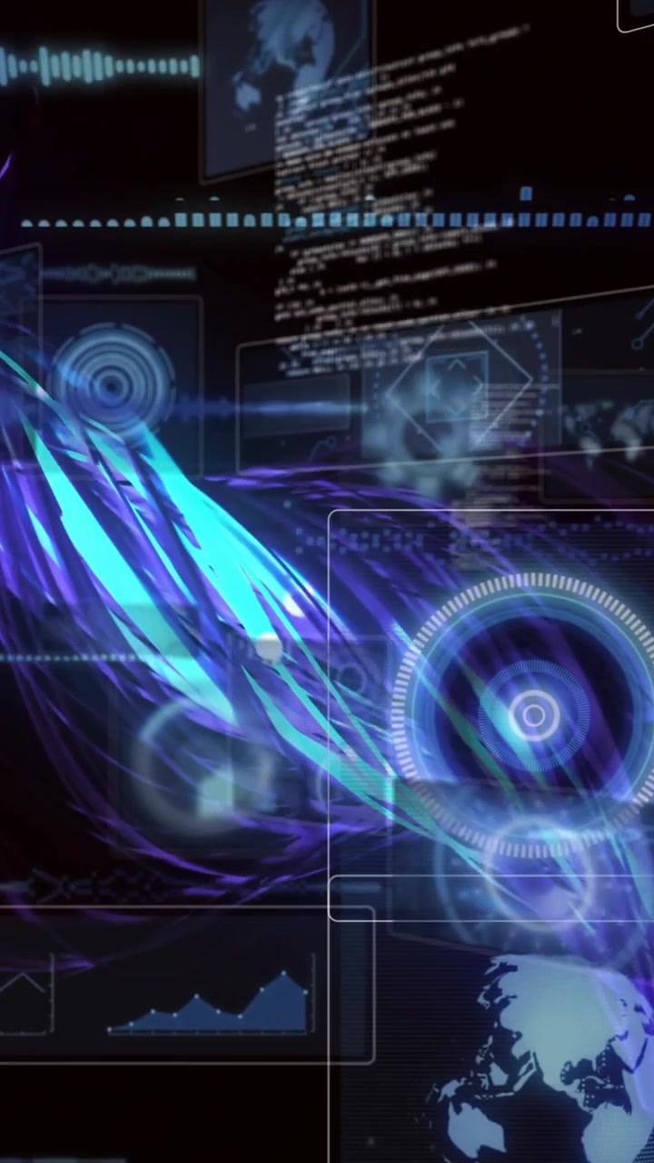 Animazione di flussi di dati luminosi blu e viola con interfaccia digitale futuristica