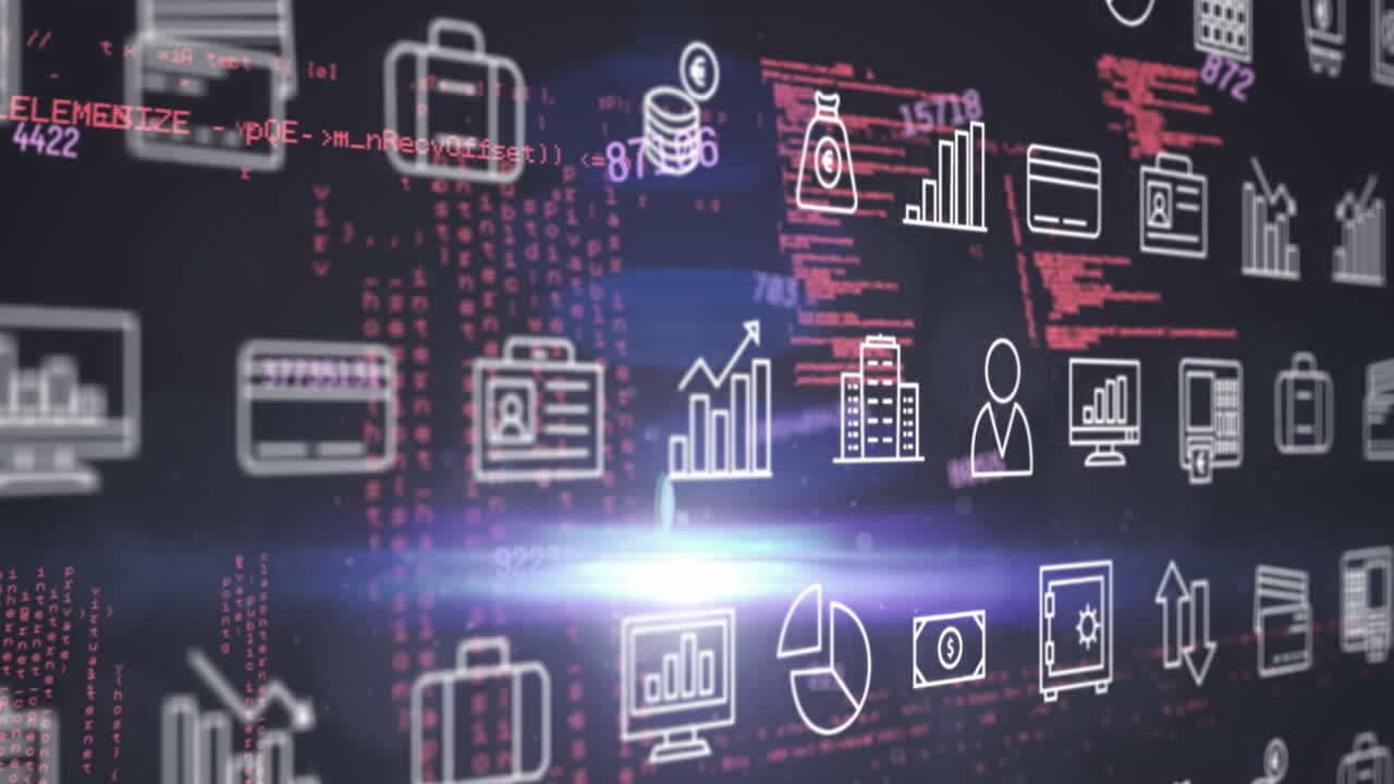 animación de múltiples números cambiantes e iconos digitales sobre el procesamiento de datos y el punto de luz.