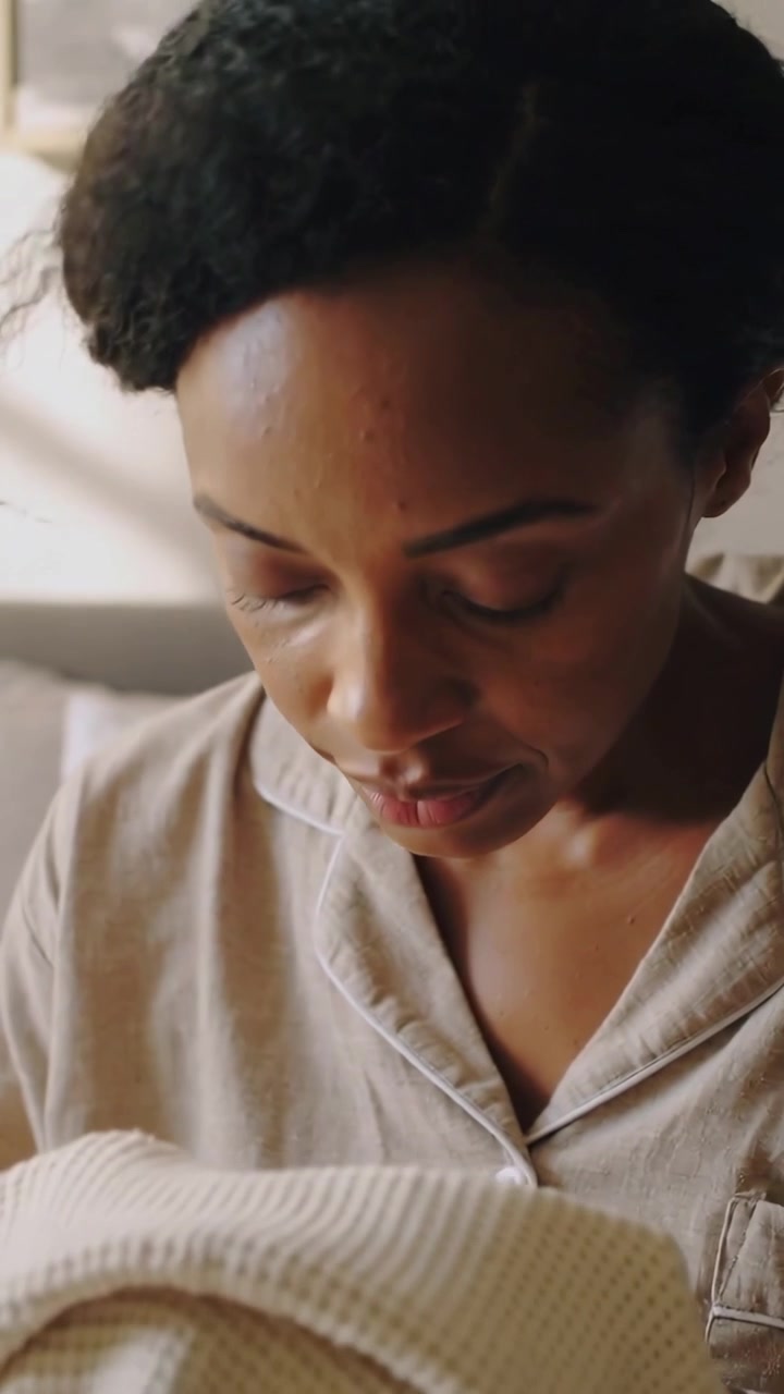 Vertical video: Looking down woman in pajamas lifting waffle cloth to face in bedroom, seeking calm