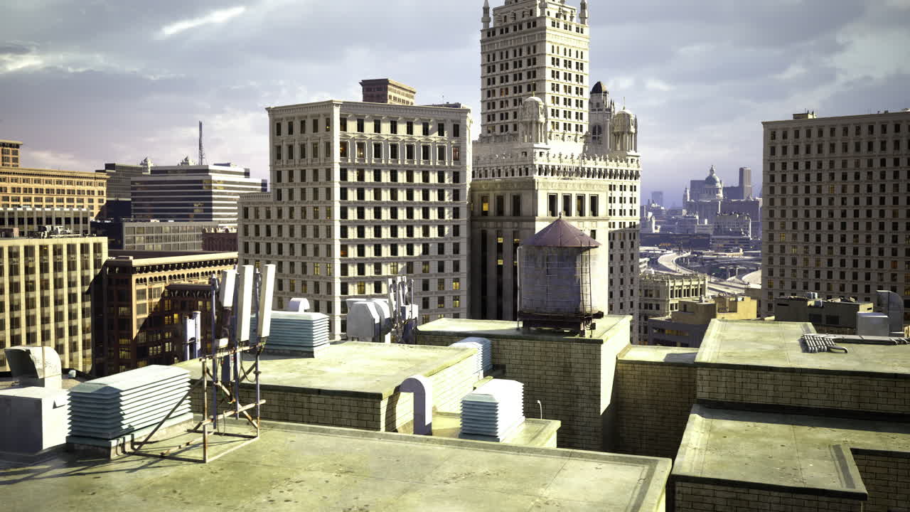 Rooftop urban landscape showcasing buildings and city skyline at sunset