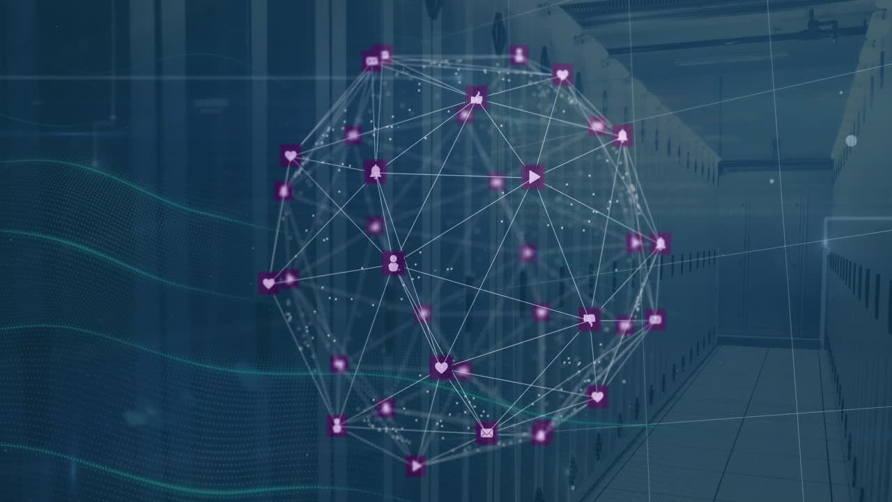 Animation of globe with connections and digital data processing over computer servers