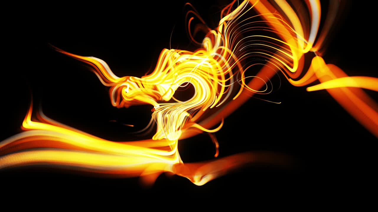 el flujo de partículas forma líneas amarillas rizadas como senderos de luz brillante, las líneas forman un patrón giratorio como ruido de rizado. animación 3d abstracta como fondo festivo creativo brillante. líneas rápidas de luz